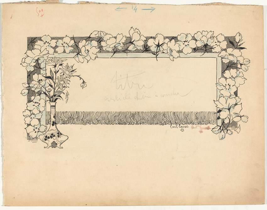 Emile Causé - En-tête rectangulaire à décor fleuri sur trois côtés, un vase de f...