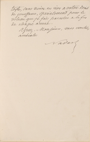 Nadar - Lettre manuscrite de Nadar, adressée à Monsieur Vanier, éditeur à Paris,...