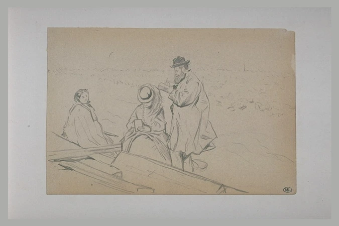 Charles Samuel Keene - Homme debout, et deux femmes assises sur une plage