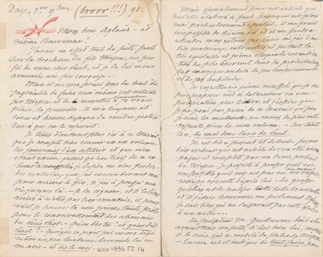 Nadar - Lettre de Nadar à Aglaüs Bouvenne