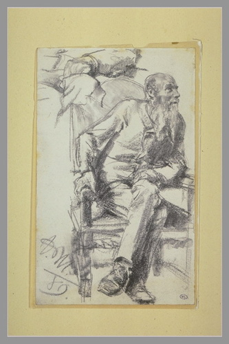 Adolf von Menzel - Portrait d'homme assis dans un fauteuil et reprise d'une main