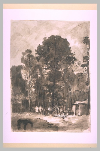 Charles Huard - Paysage avec de grands arbres, près de la maison d'un maître cha...