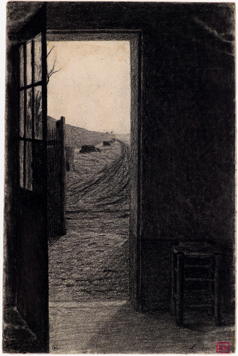 Léon Bonvin - Une chambre avec la porte ouvrant sur une cour et un chemin