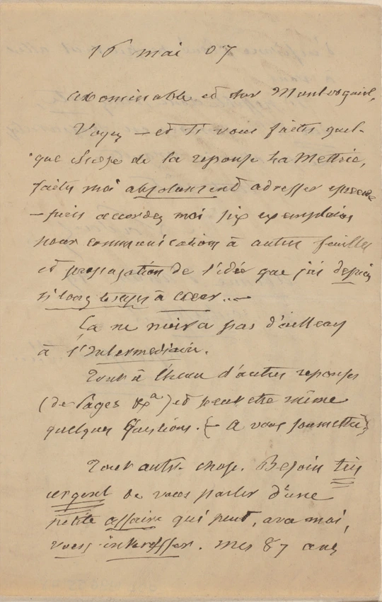 Nadar - Lettre de Félix Nadar adressée à Montorgueil (évoque "L'Intemédiaire")