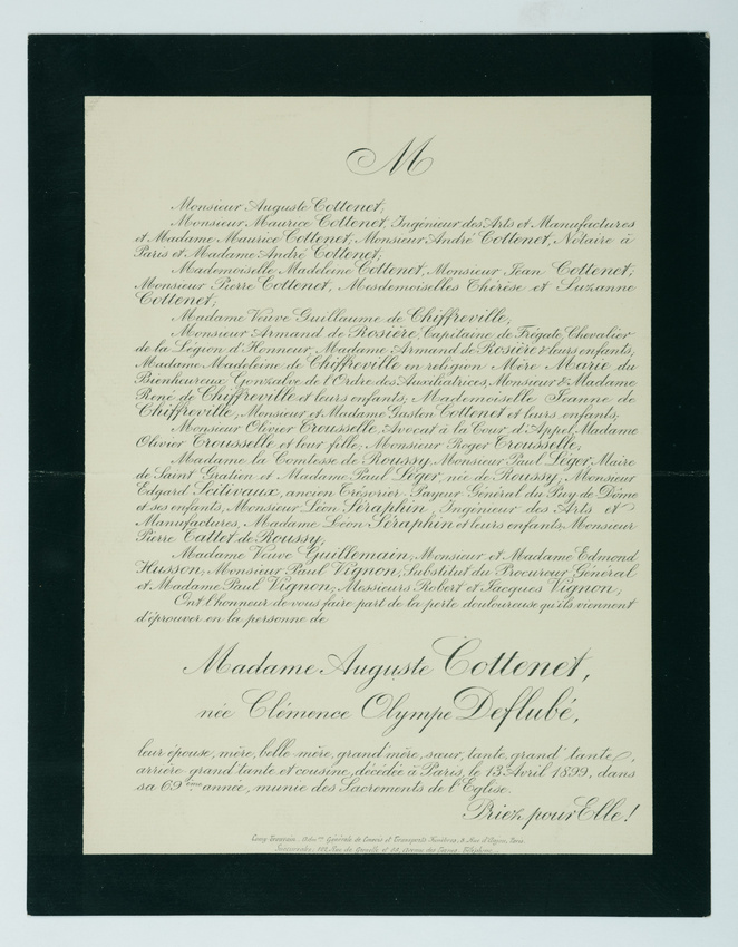 Anonyme - Faire-part de décès de Mme Auguste Cottenet, 13 avril 1899