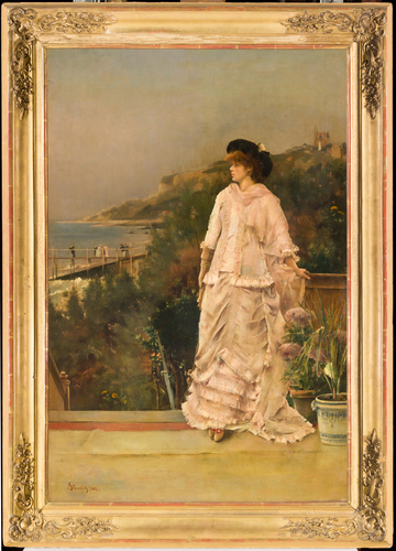 Alfred Stevens - Portrait de femme en pied sur une terrasse au bord de la mer