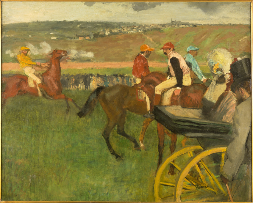 Le Champ de courses. Jockeys amateurs près d'une voiture - Edgar Degas