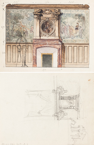 Louis Pille - Projet de décoration intérieure, élévation et esquisse de personna...