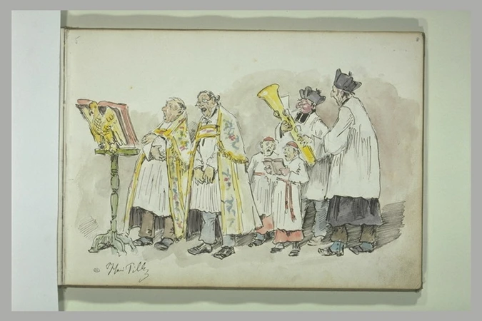 Charles-Henri Pille - Choeur de six personnages en costume ecclésiastique devant...