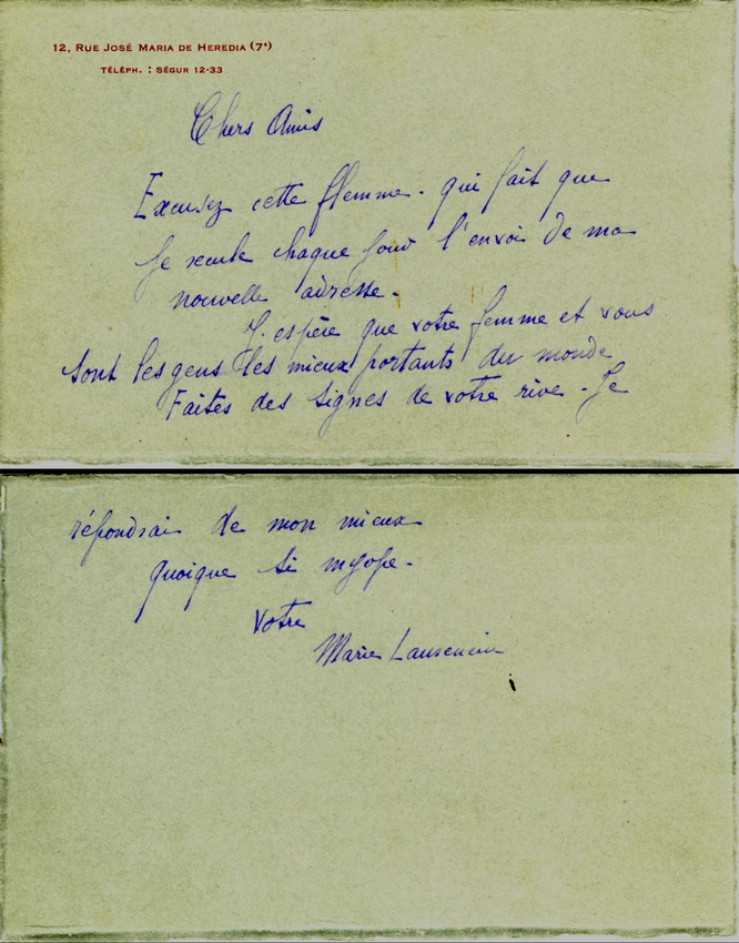 Marie Laurencin - Correspondance manuscrite : Marie Laurencin à Paul et Juliette...