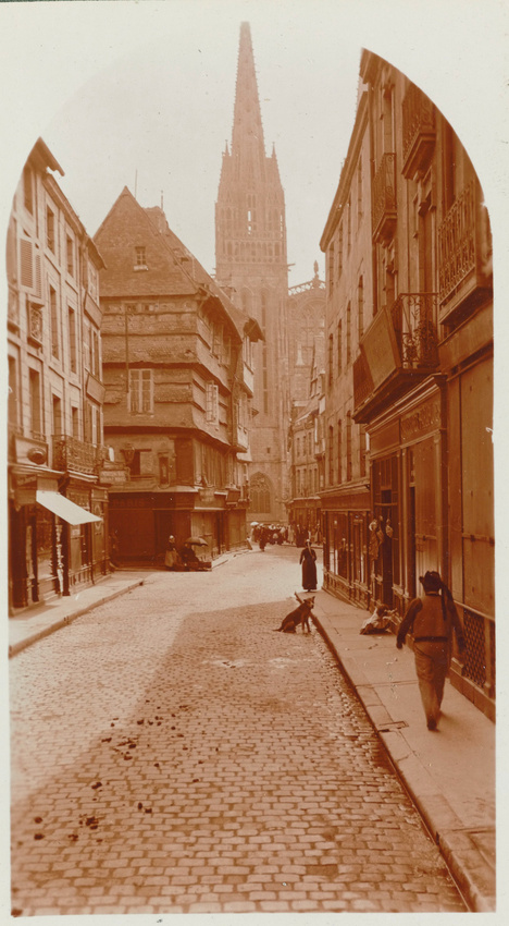 Charles Augustin Lhermitte - Quimper, la rue Kéréon et la cathédrale Saint-Coren...