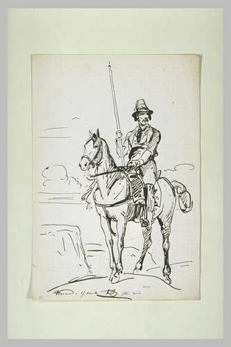 Félix Joseph Barrias - Homme à cheval, coiffé d'un chapeau et tenant une pique