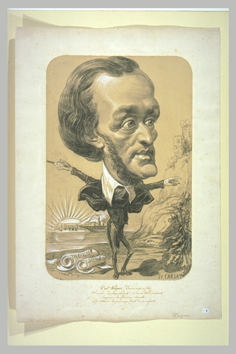 Etienne Carjat - Portrait-charge de Wagner, avec une tête colossale sur un corps...