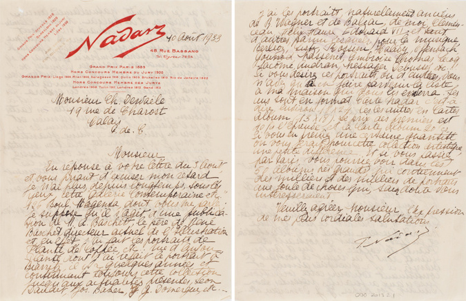 Atelier Nadar - Lettre manuscrite adressée par l'Atelier Nadar à M. Charles Dewa...