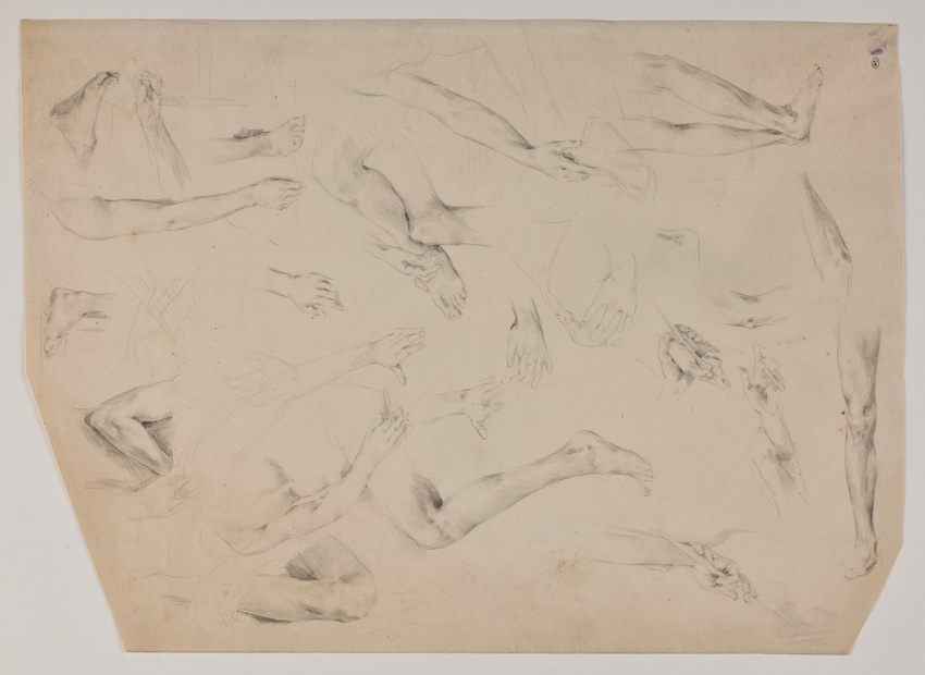 Mariano Fortuny y de Madrazo - Feuille d'études de bras, jambes, et mains dans d...