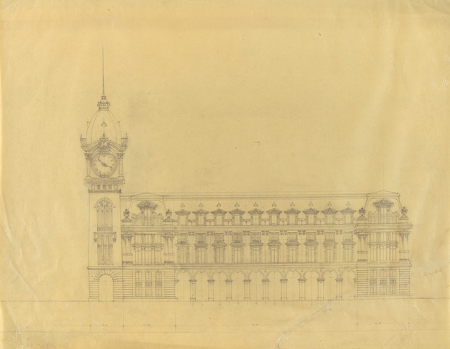 Anonyme - Projet de gare sur le quai d'Orsay, élévation de la façade côté rue de...