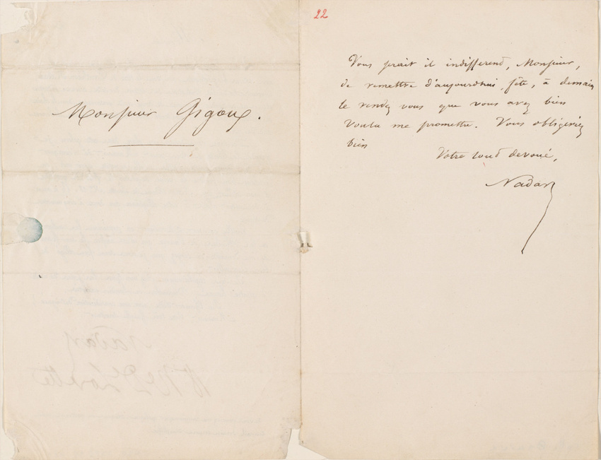 Nadar - Lettre de Félix Nadar en vue de la préparation du Panthéon (celle-ci est...
