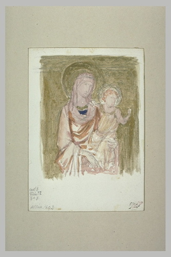Ernest Hébert - Relevé d'une figure de Vierge assise tenant l'Enfant sur ses gen...
