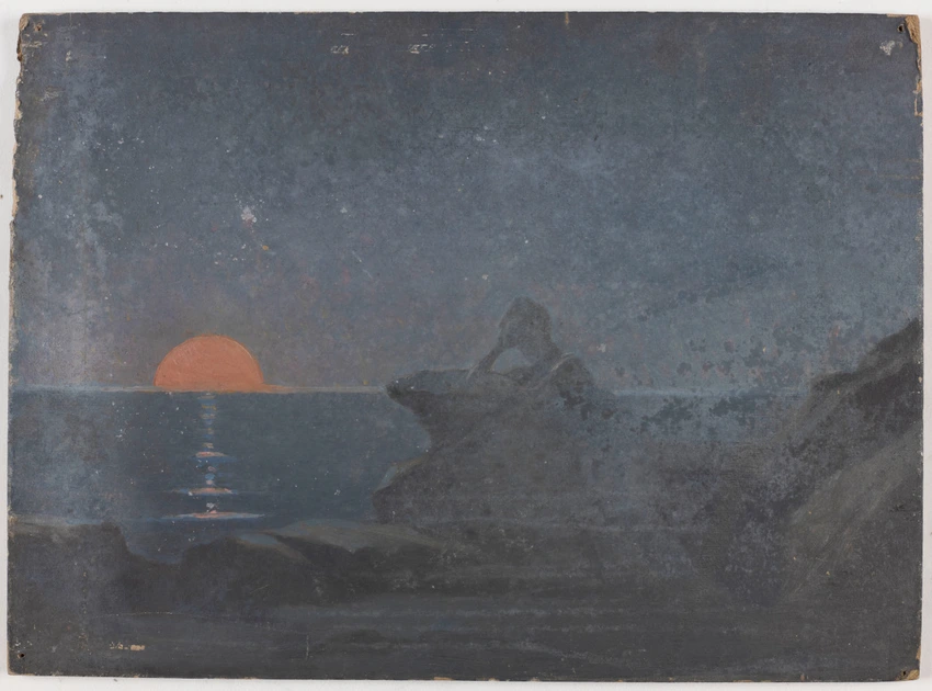 Femme couchée au bord de la mer, soleil orange - Alphonse Osbert