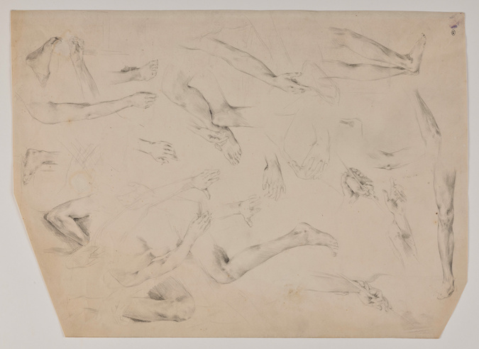 Mariano Fortuny y de Madrazo - Feuille d'études de bras, jambes, et mains dans d...