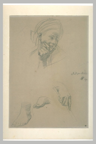 Paul Baudry - Tête de femme avec un turban , deux études de pieds et une main