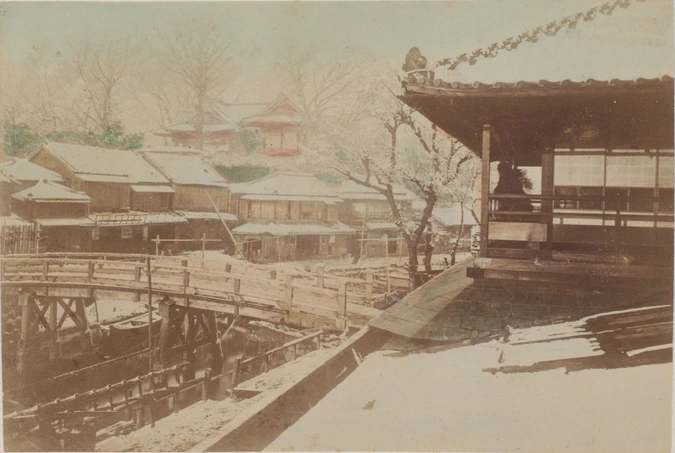 Ueno Hikoma - Pont de bois et maisons