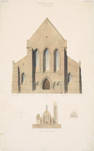 Victor Ruprich-Robert - Mortain, élévation de la façade de l'église, deux vues d...