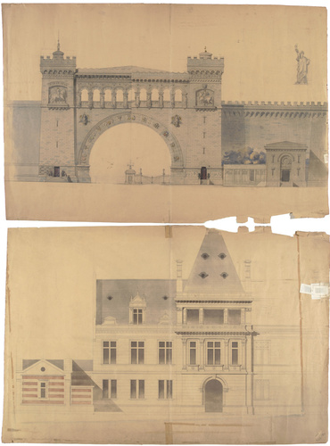 Gaston Redon - Porte de ville, élévation, projet assorti d'une esquisse au crayo...