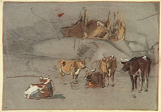 Eugène Boudin - Etudes de bovins sur une ancienne académie de femme