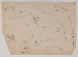 Mariano Fortuny y de Madrazo - Feuille d'études de bras, jambes, et mains dans d...
