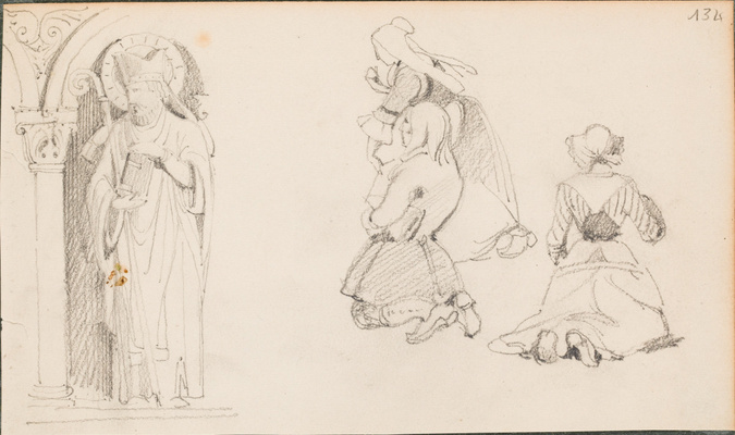 Louis Boitte - Un saint évêque sous une arcade et sur le même dessin, trois Bret...