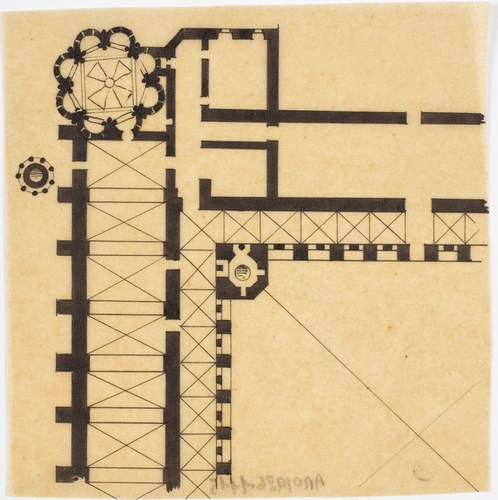 Abbaye de Fontevraud, plan de l'angle du cloître, plan de la cuisine - Alphonse Gosset