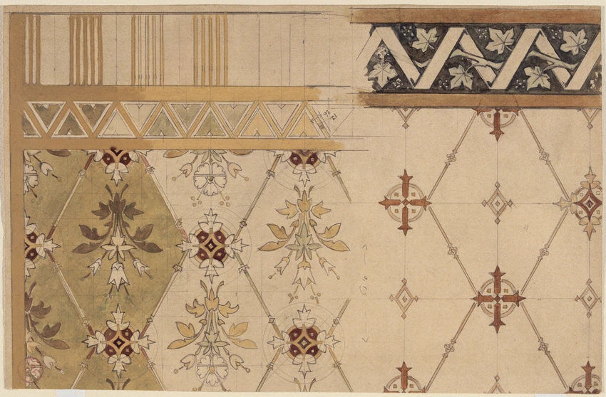 Motif décoratif : bouquet de fleurs, feuilles de lierre, triglyphes (recto) ; Feuilles de lierre (verso) - Eugène Viollet-le-Duc
