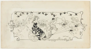 Représentation allégorique, jeune femme sur un char de feuilles stylisées tiré par quatre sauterelles dirigées par un jeune garçon à la tête couronnée de feuillage, décor d'herbe, d'hirondelles, d'oiseaux et de fleurs - Emile Causé