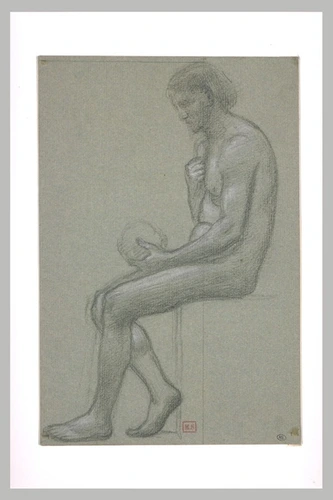 Pierre Puvis de Chavannes - Homme nu assis, de profil à gauche, tenant un crâne ...