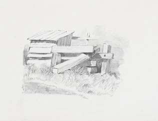 Dessin d'une cabane et barrière en bois, au bord d'un chemin - Enguerrand du Suau de la Croix