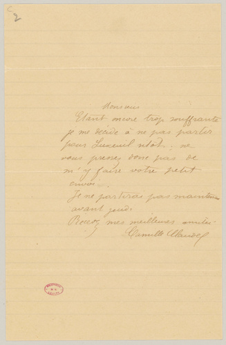 Camille Claudel - Lettre de Camille Claudel au capitaine Tissier où elle diffère...
