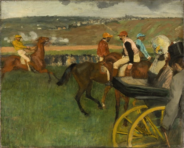 Le Champ de courses. Jockeys amateurs près d'une voiture - Edgar Degas