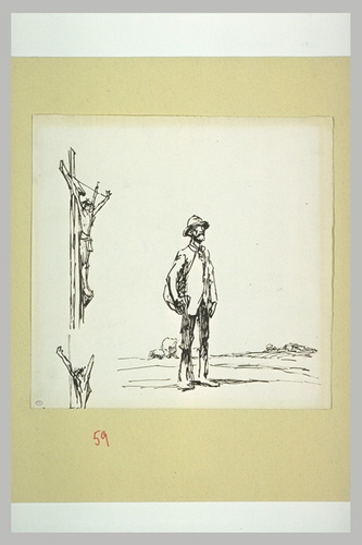 Théophile Alexandre Steinlen - Un chemineau, debout, une besace sur le dos ; étu...