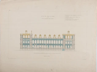 Concours pour l'Hôtel de Ville de Paris : planche 6, Elévation de la façade de l'Hôtel de Ville sur le quai avec l'indication des constructions en bon état (non teinté), des constructions à démolir (en jaune), des constructions pouvant être restaurées (en bleu) - Anonyme