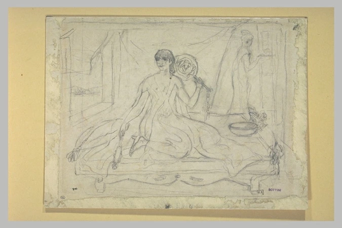 Georges Bottini - Femme en déshabillé, sur un divan bas, tenant une glace et un ...