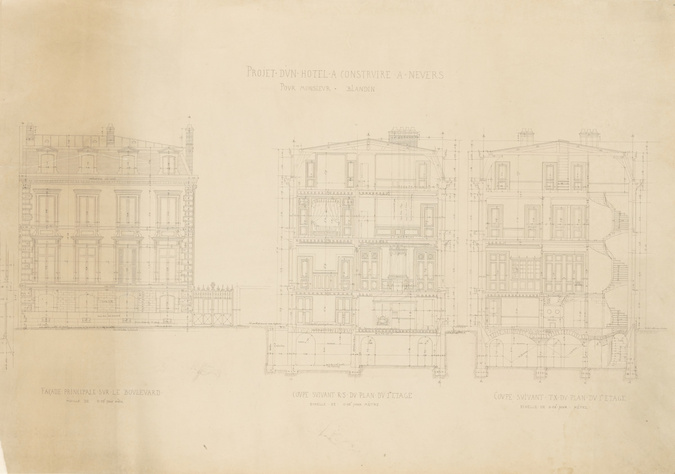 Louis Boitte - Hôtel de M. Blandin à Nevers, façade principale et deux coupes