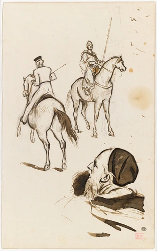Alfred Dehodencq - Officiers anglais et arabe à cheval, et oriental en buste