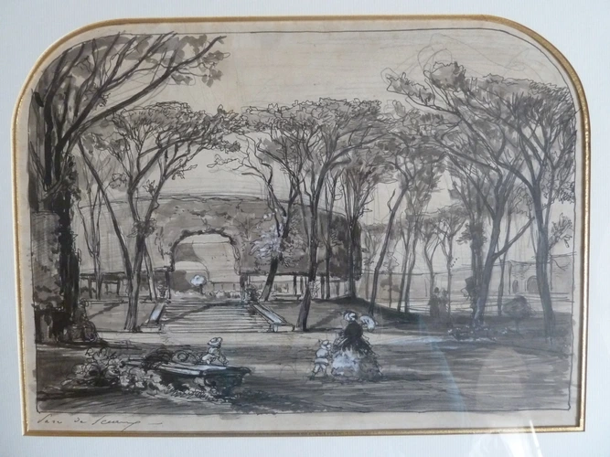 Auguste Anastasi - Vue d'une allée animée de promeneurs dans le parc de Sceaux