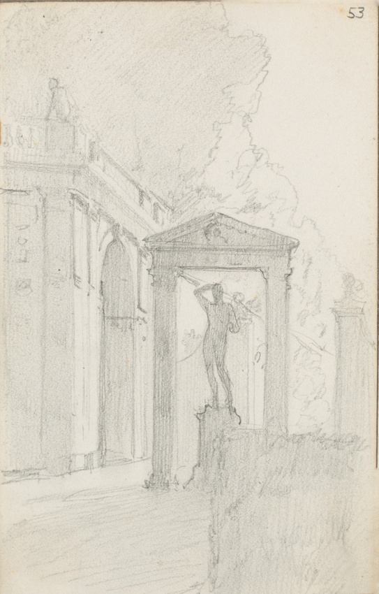 Louis Boitte - Rome, villa Médicis, statue sous un portique dans un jardin