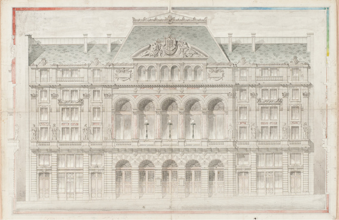 Alphonse Cusin - Théâtre de la Gaîté, élévation de la facade principale et profi...
