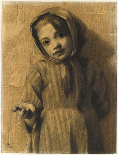 Albert Bartholomé - Petite fille debout, la main droite tendue, demandant la cha...