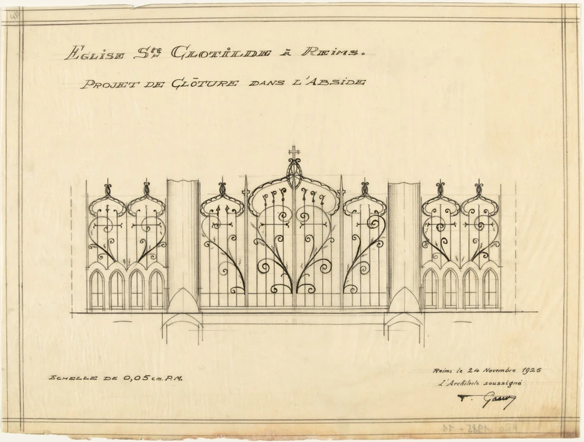 Projets d'aménagements intérieurs de la Basilique Sainte-Clotilde de Reims, clôture dans l'abside, élévation - Pol Gosset
