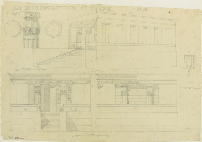 Alphonse Gosset - Plan, vue perspective et élévations d'un temple égyptien sur l...