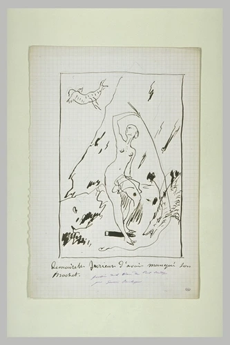 Gustave Boulanger - Scène caricaturale : jeune femme nue tenant une canne à pêch...